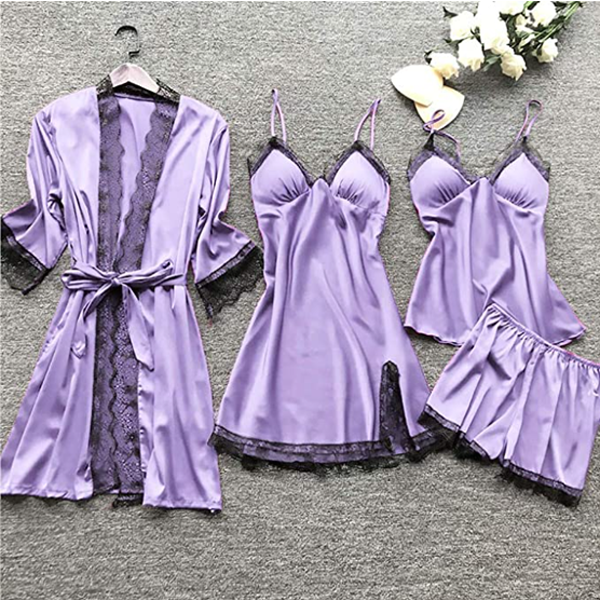 Premium Silk Satin Sleepwear Collection | Lace Trim Kimono With Cami & Shorts