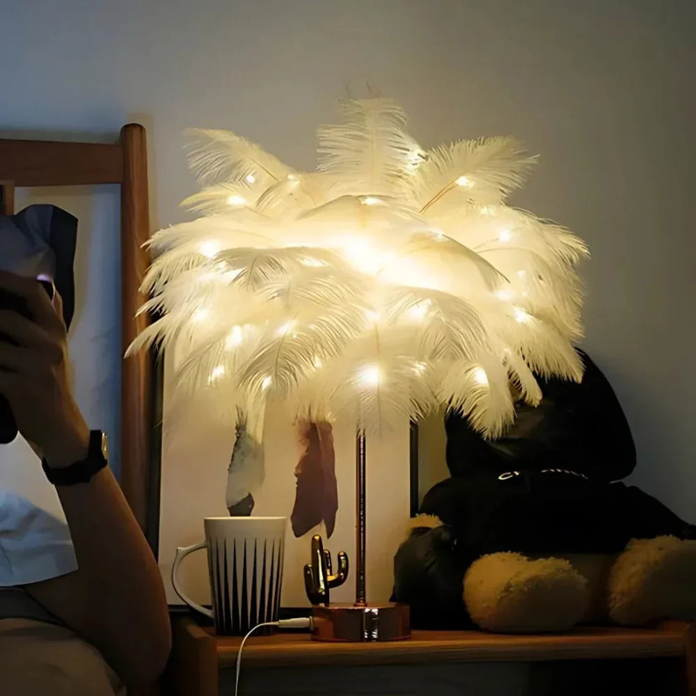 FeatherGlow Decorative Feather Table Lamp with Remote Control