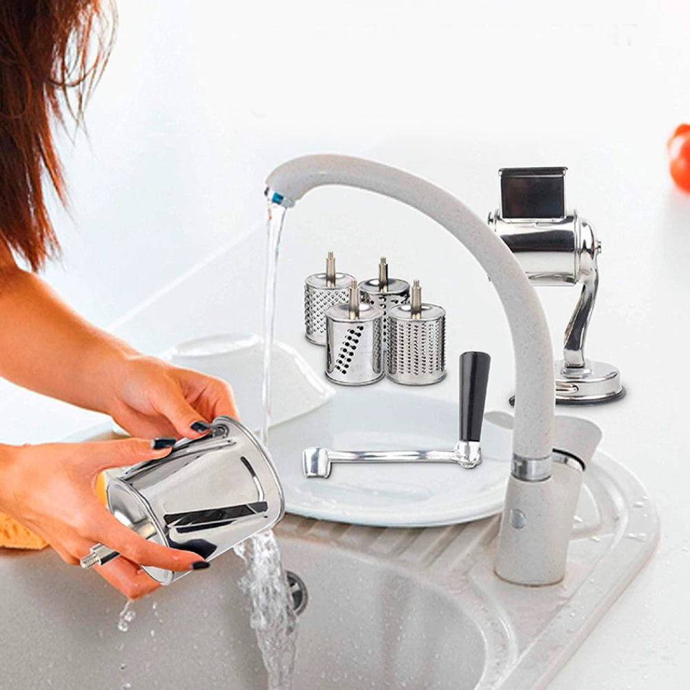 Premium Rotary Drum Grater with Five Interchangeable Blades and Suction Base