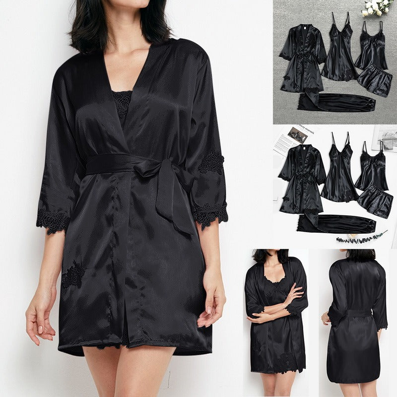 Premium Silk Satin Sleepwear Collection | Lace Trim Kimono With Cami & Shorts