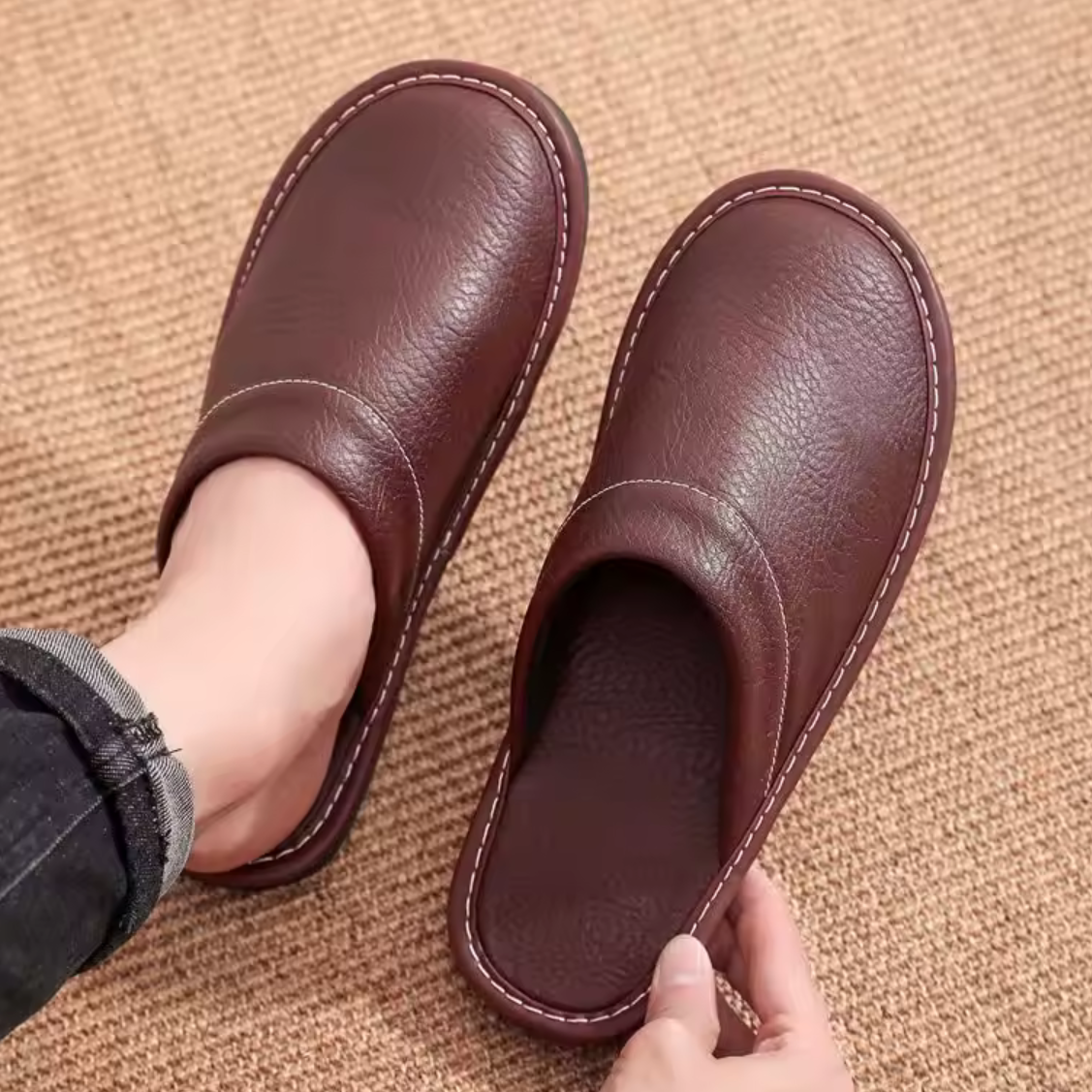 Men's Leather Slip-On House Slipper with Cushioned Insole