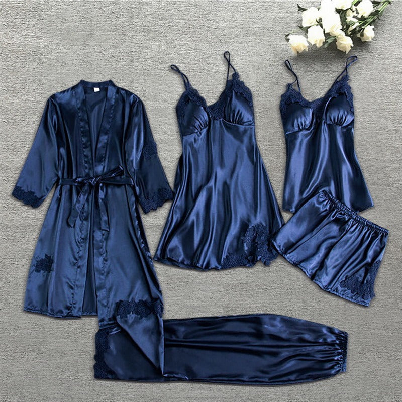 Premium Silk Satin Sleepwear Collection | Lace Trim Kimono With Cami & Shorts