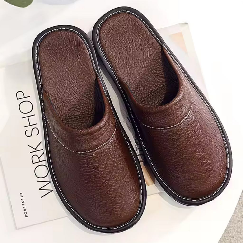 Men's Leather Slip-On House Slipper with Cushioned Insole
