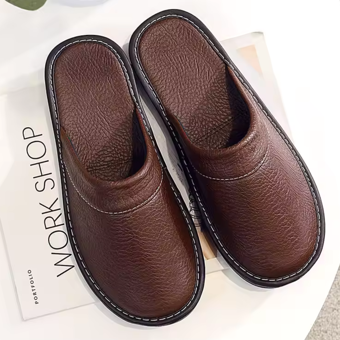 Men's Leather Slip-On House Slipper with Cushioned Insole