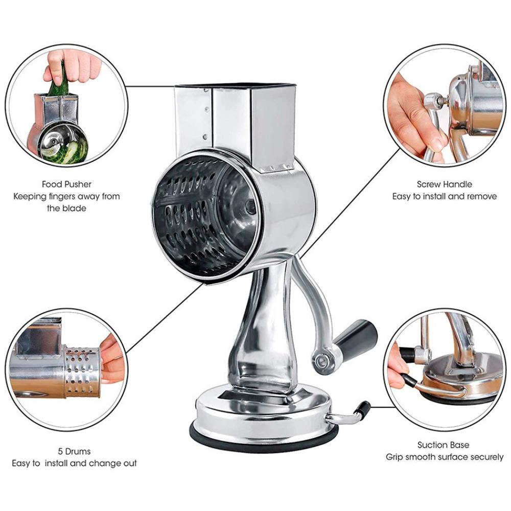 Premium Rotary Drum Grater with Five Interchangeable Blades and Suction Base