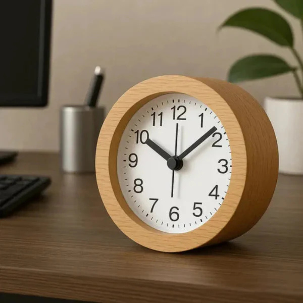 Silent Beech Wood Analog Alarm Clock with LED Backlight and Quartz Movement