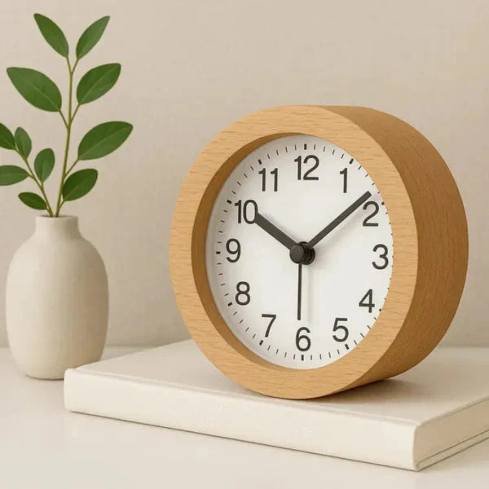 Silent Beech Wood Analog Alarm Clock with LED Backlight and Quartz Movement
