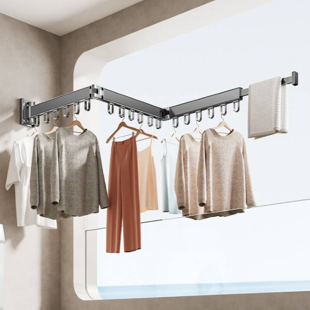 Wall-Mounted Tri-Fold Aluminum Clothes Drying Rack with Telescopic Extension