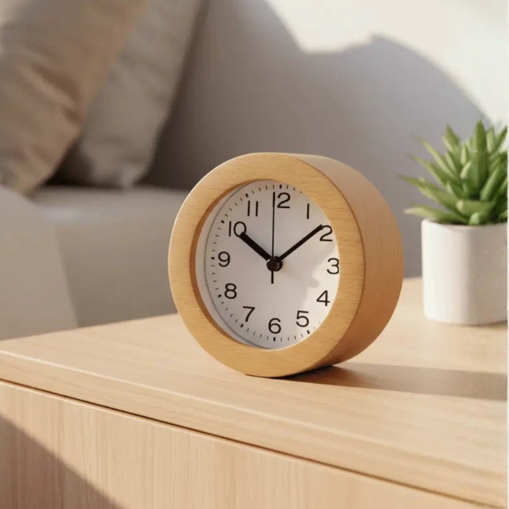 Silent Beech Wood Analog Alarm Clock with LED Backlight and Quartz Movement