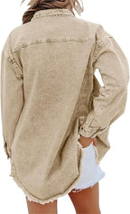 Women's Relaxed Pointed Collar Button-Front Jacket with Drop Shoulders