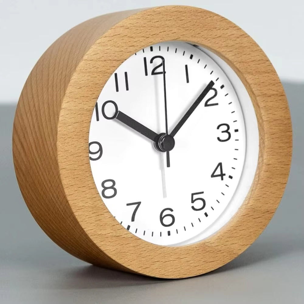 Silent Beech Wood Analog Alarm Clock with LED Backlight and Quartz Movement