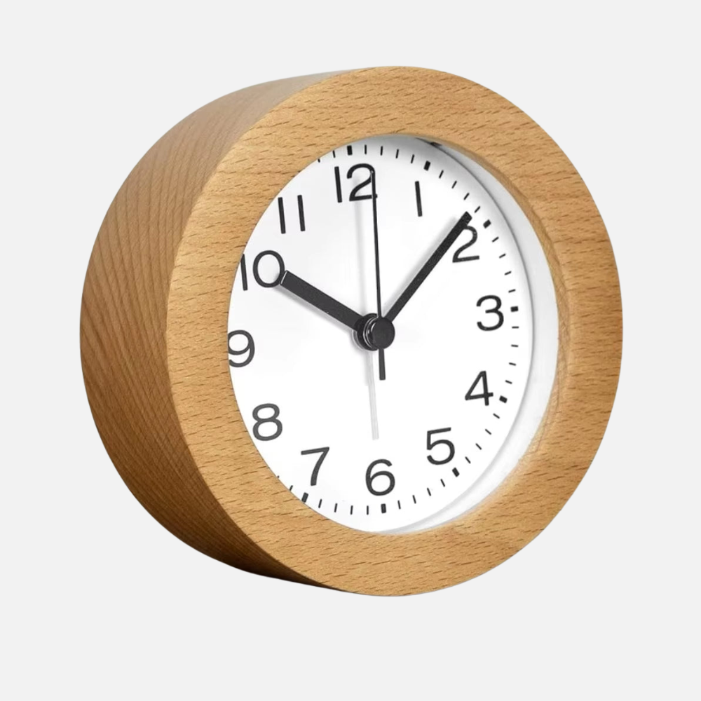 Silent Beech Wood Analog Alarm Clock with LED Backlight and Quartz Movement