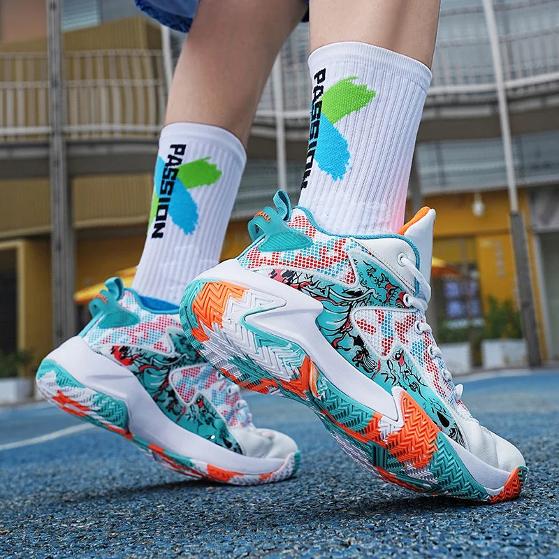 Court Dynamics High-Top Basketball Shoe – Bold Graphic Design with Ankle Support