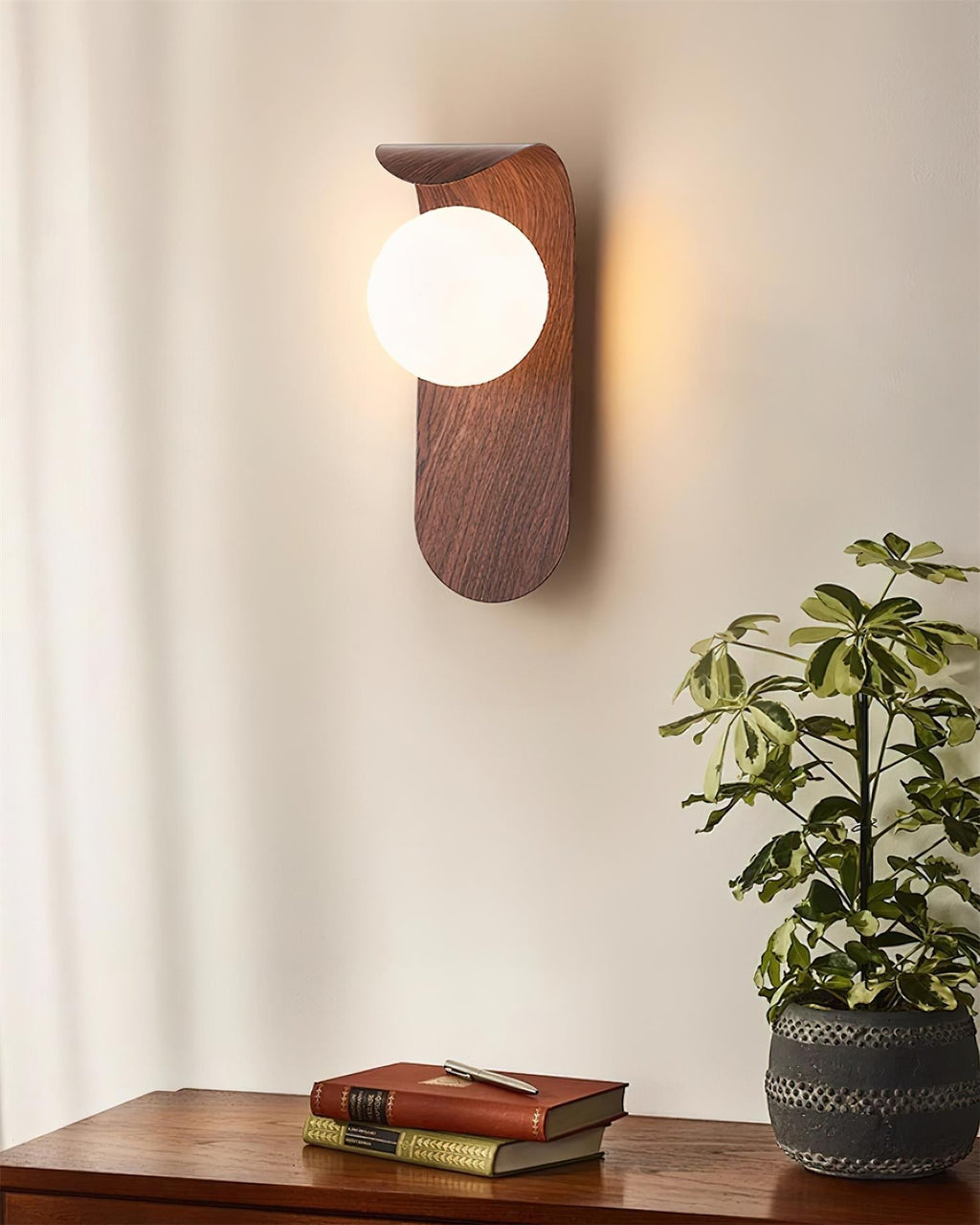Ashvale Globe Wall Light | Wood Effect LED Indoor Wall Lamp