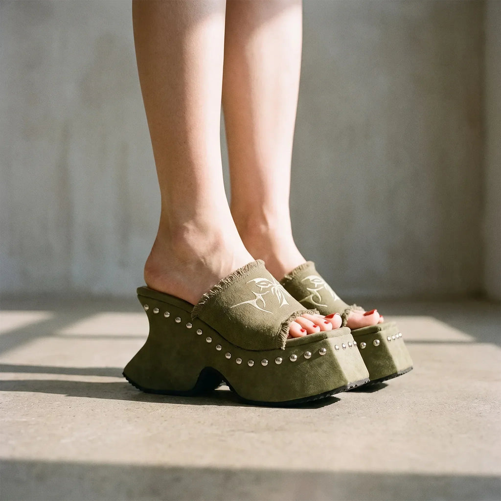 Studded Canvas Platform Mule Sandals - Chunky Block Heel Slip-On