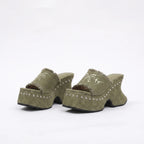 Studded Canvas Platform Mule Sandals - Chunky Block Heel Slip-On