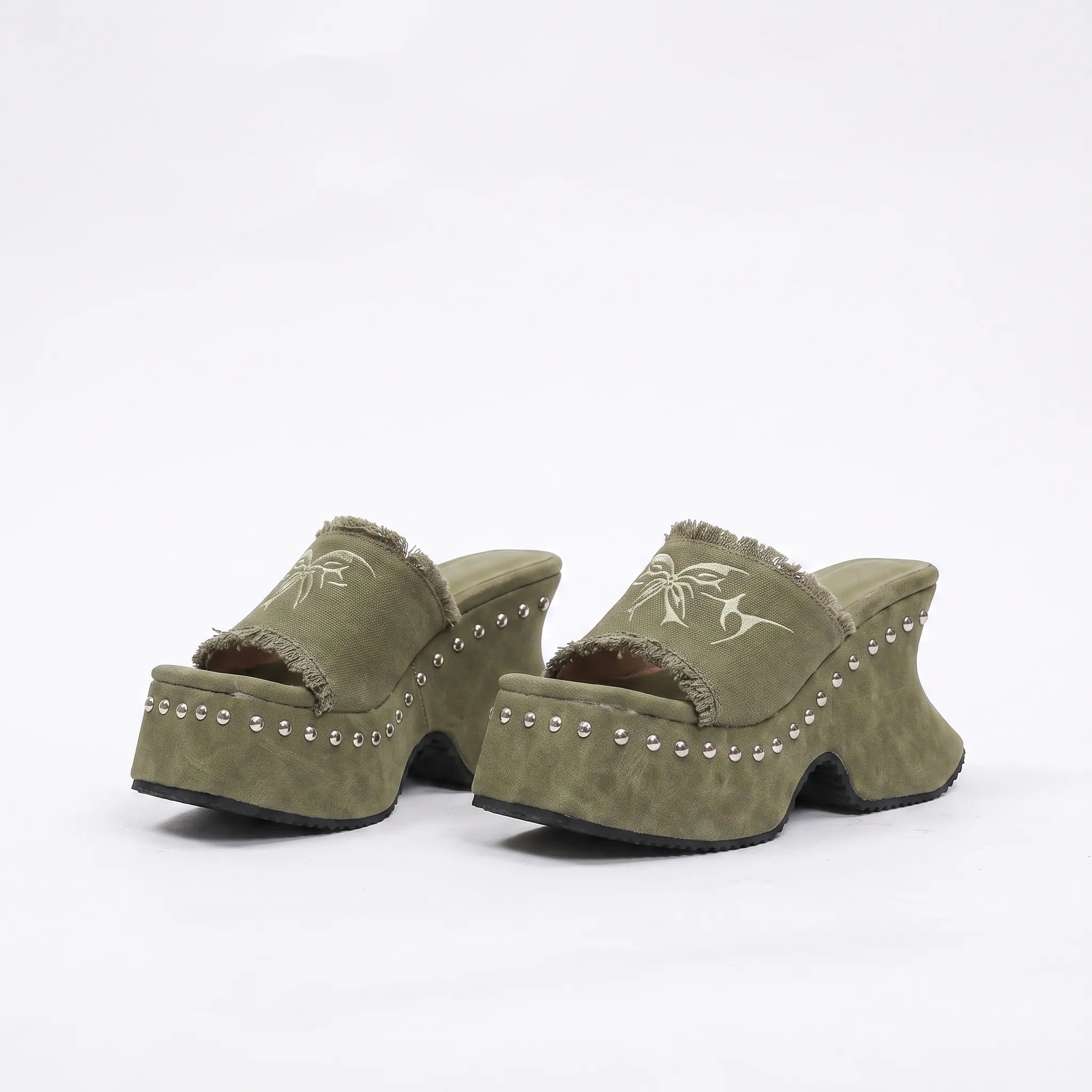 Studded Canvas Platform Mule Sandals - Chunky Block Heel Slip-On