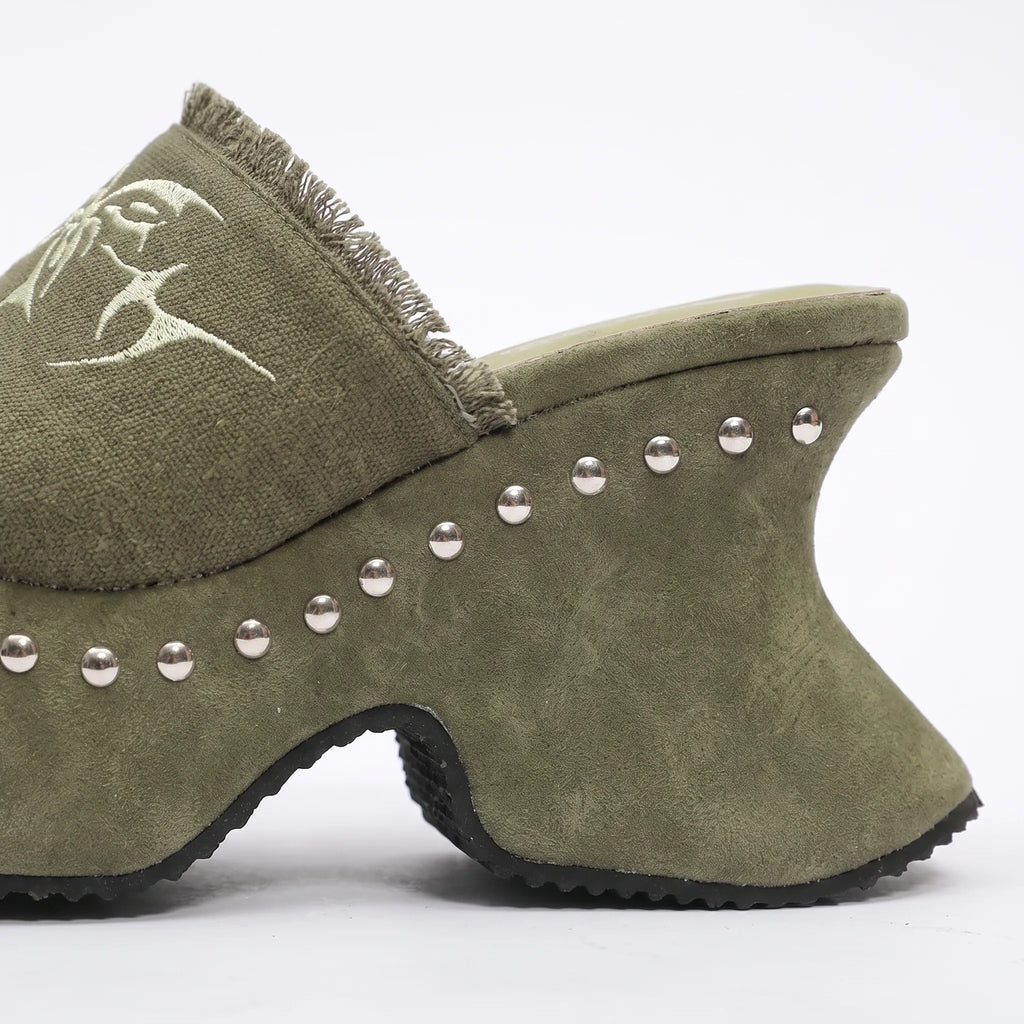 Studded Canvas Platform Mule Sandals - Chunky Block Heel Slip-On