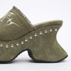Studded Canvas Platform Mule Sandals - Chunky Block Heel Slip-On