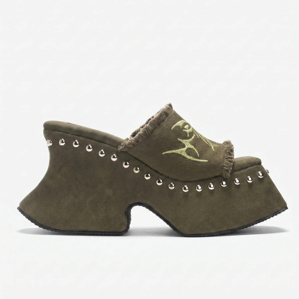 Studded Canvas Platform Mule Sandals - Chunky Block Heel Slip-On