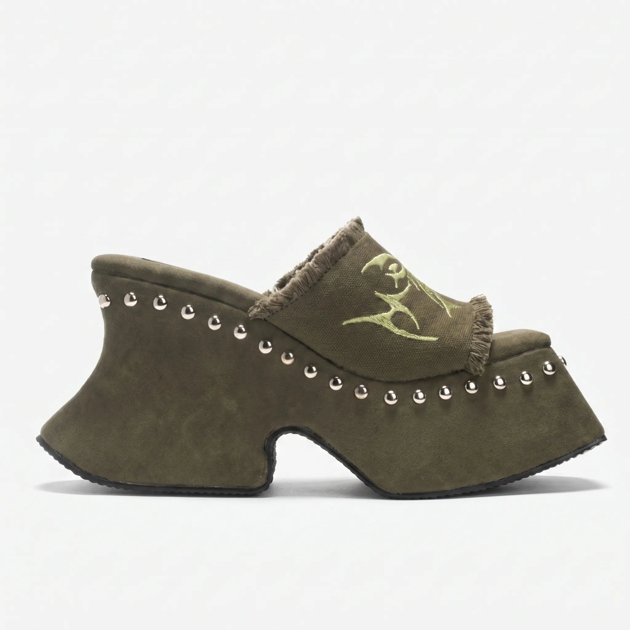 Studded Canvas Platform Mule Sandals - Chunky Block Heel Slip-On