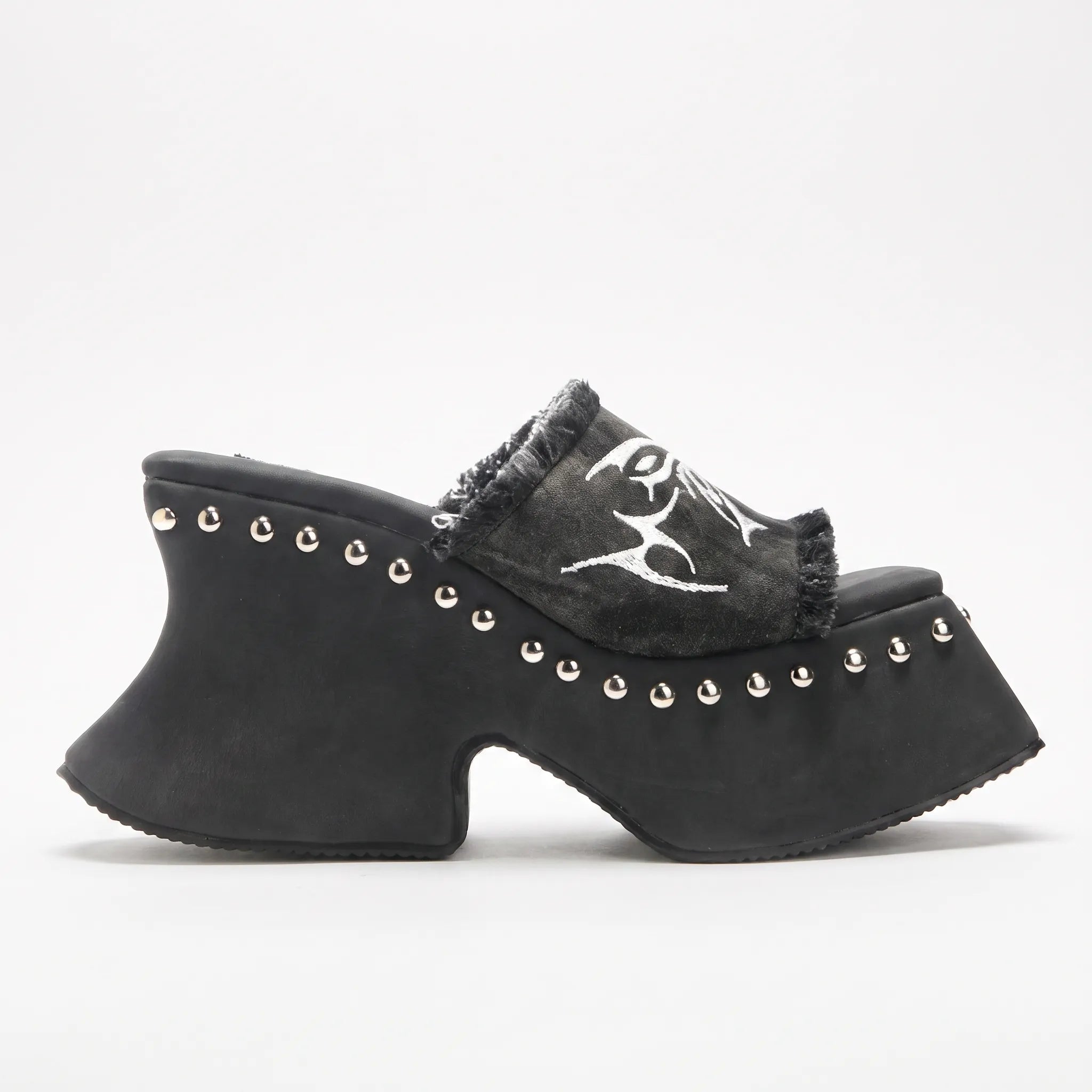 Studded Canvas Platform Mule Sandals - Chunky Block Heel Slip-On