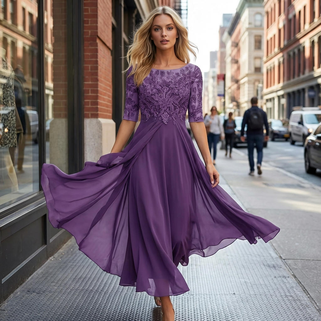 Women's Lace Midi Dress with Chiffon Skirt