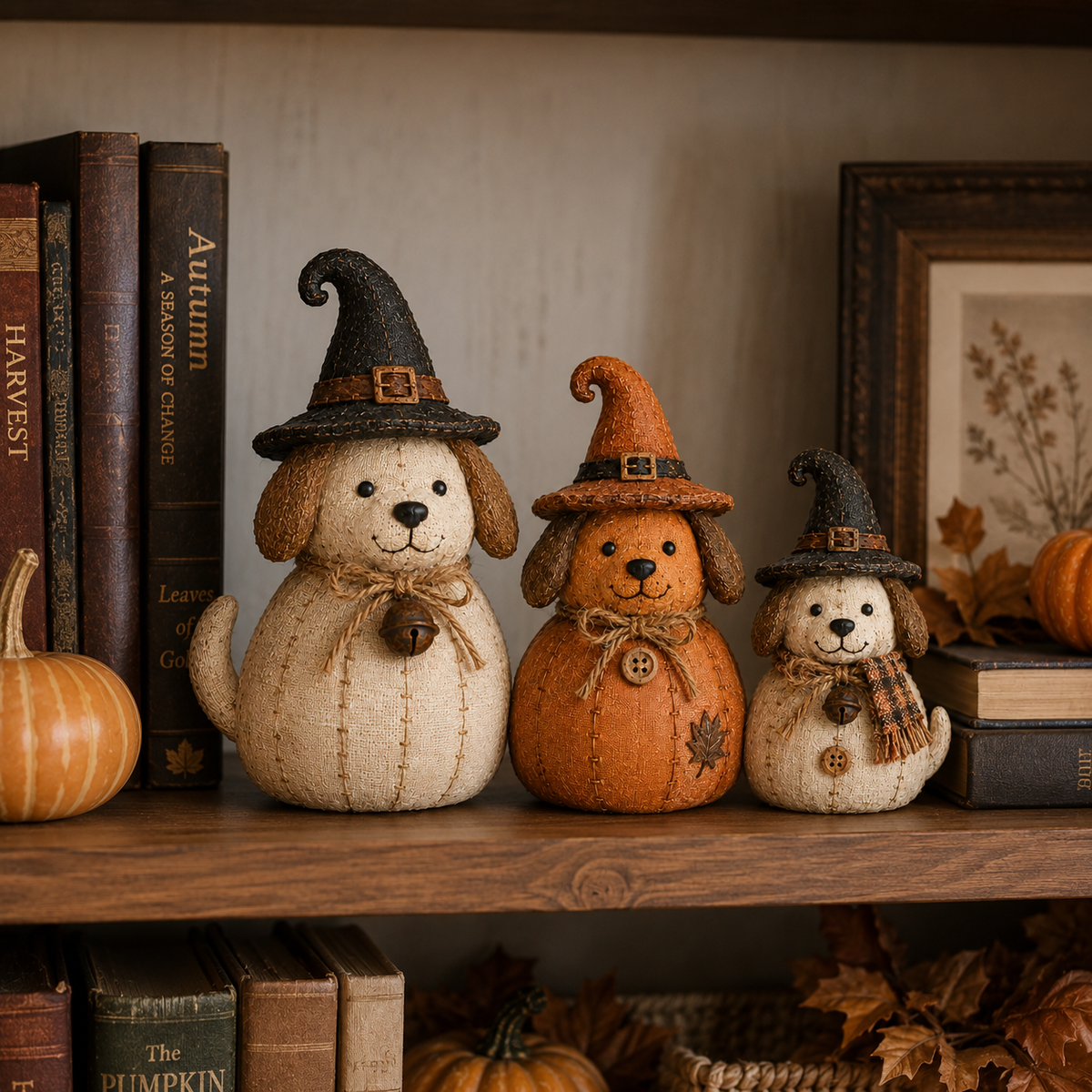 Cozy Autumn Witch Character Decor Set – Vintage Fall & Halloween Home Styling