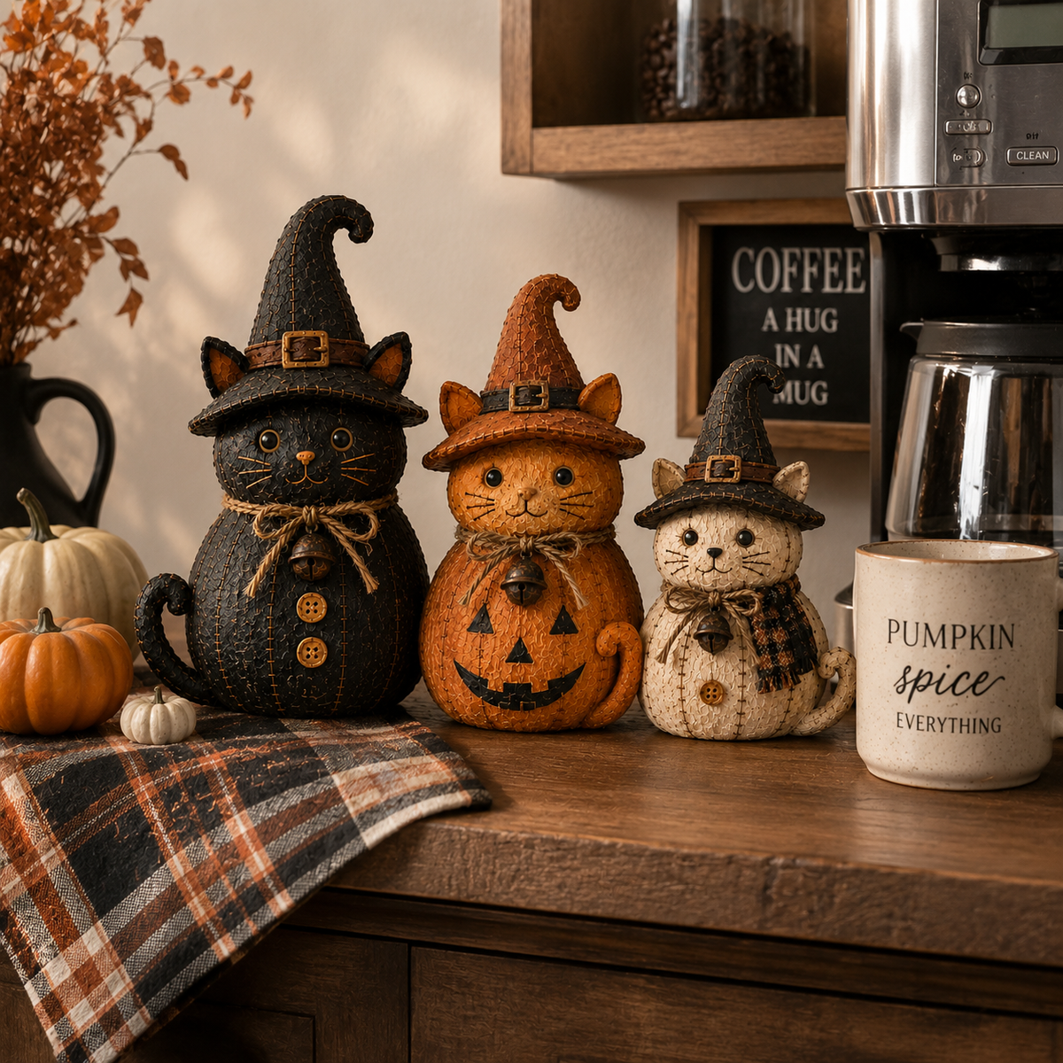 Cozy Autumn Witch Character Decor Set – Vintage Fall & Halloween Home Styling