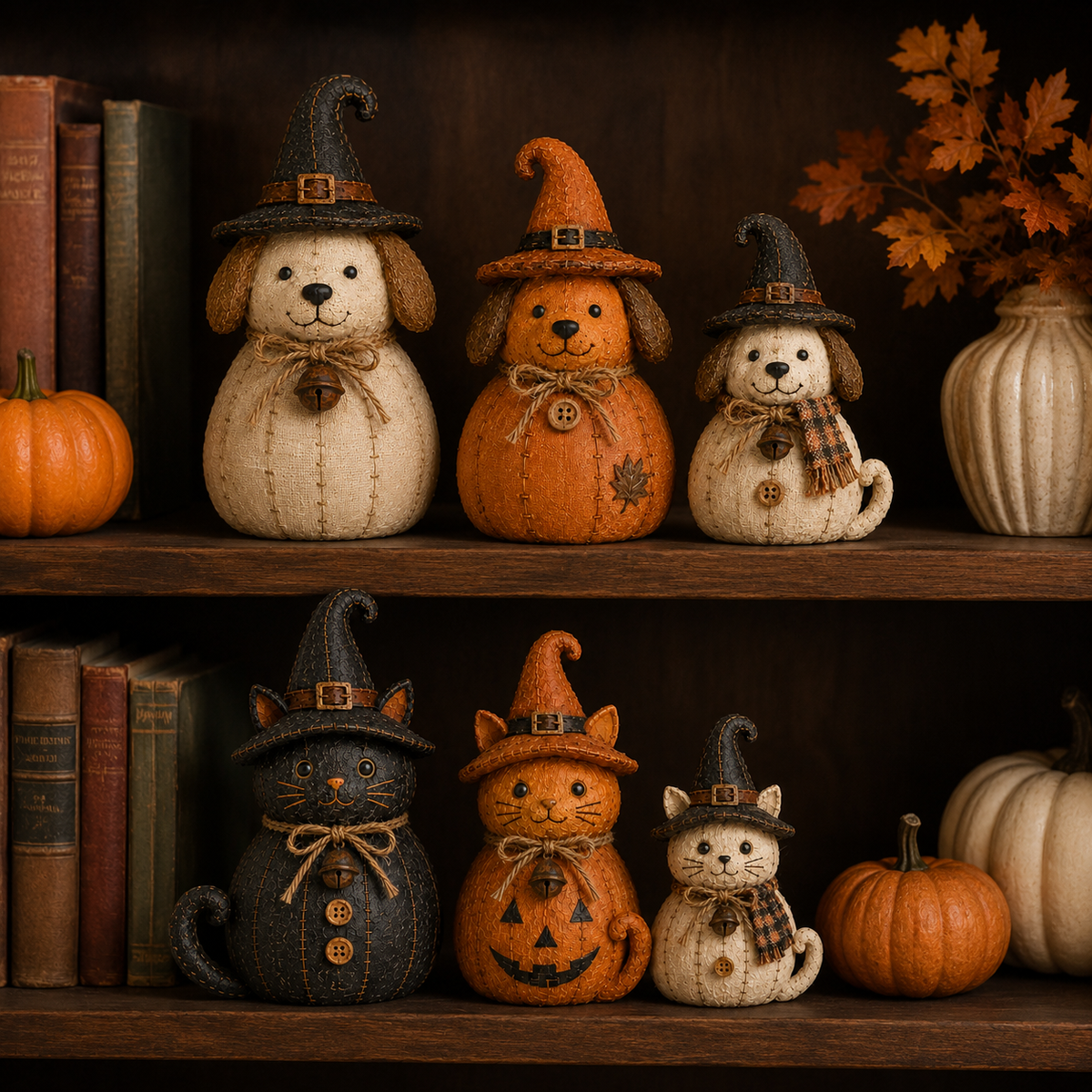 Cozy Autumn Witch Character Decor Set – Vintage Fall & Halloween Home Styling