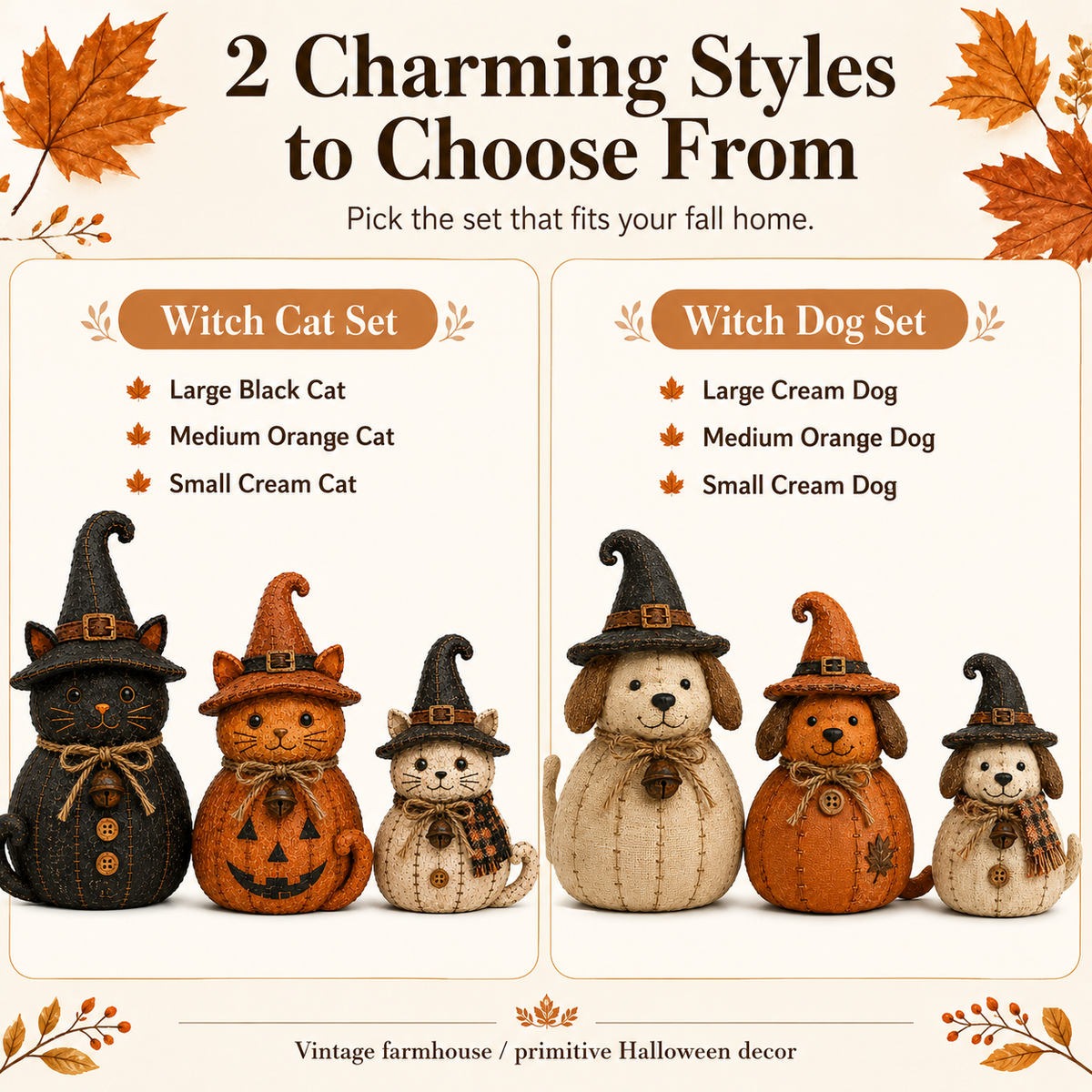 Cozy Autumn Witch Character Decor Set – Vintage Fall & Halloween Home Styling