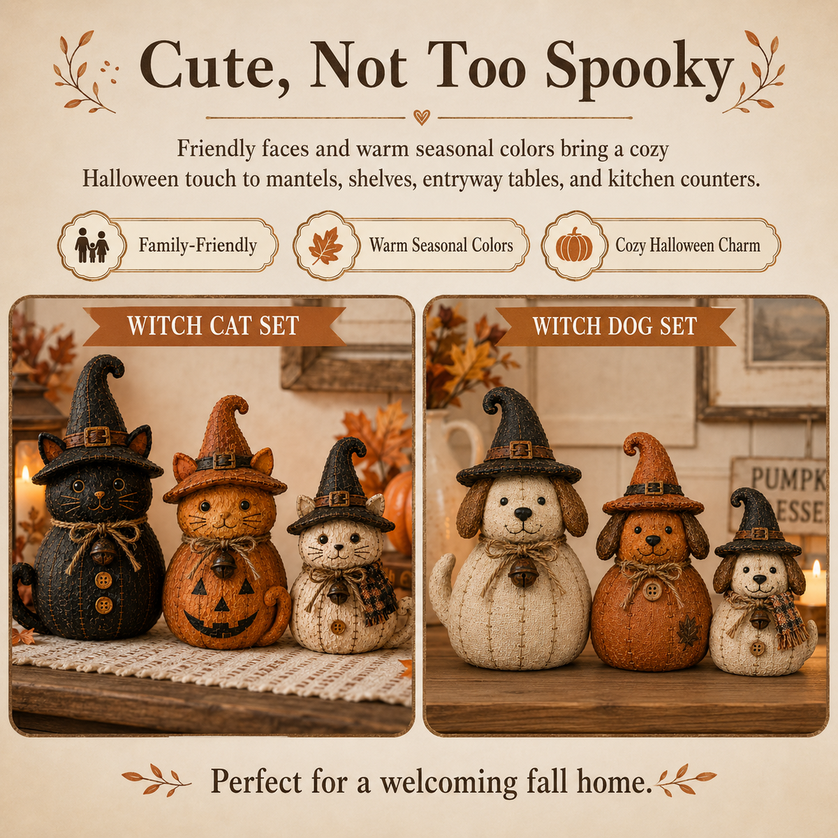 Cozy Autumn Witch Character Decor Set – Vintage Fall & Halloween Home Styling