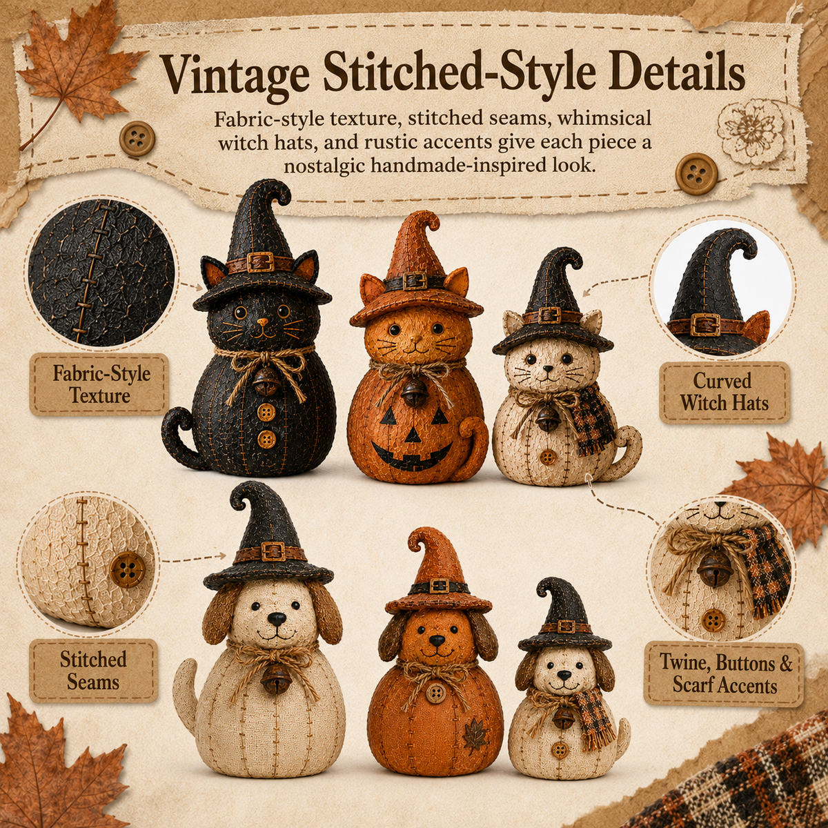 Cozy Autumn Witch Character Decor Set – Vintage Fall & Halloween Home Styling