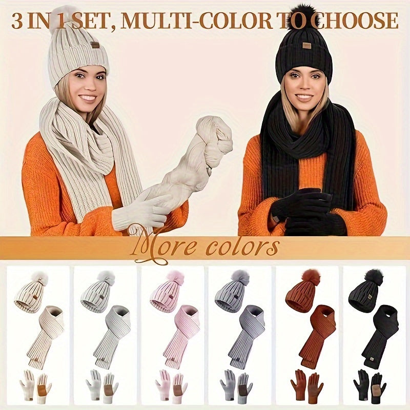 FrostLoom 3 Piece Winter Knit Set with Hat Scarf and Touch Gloves