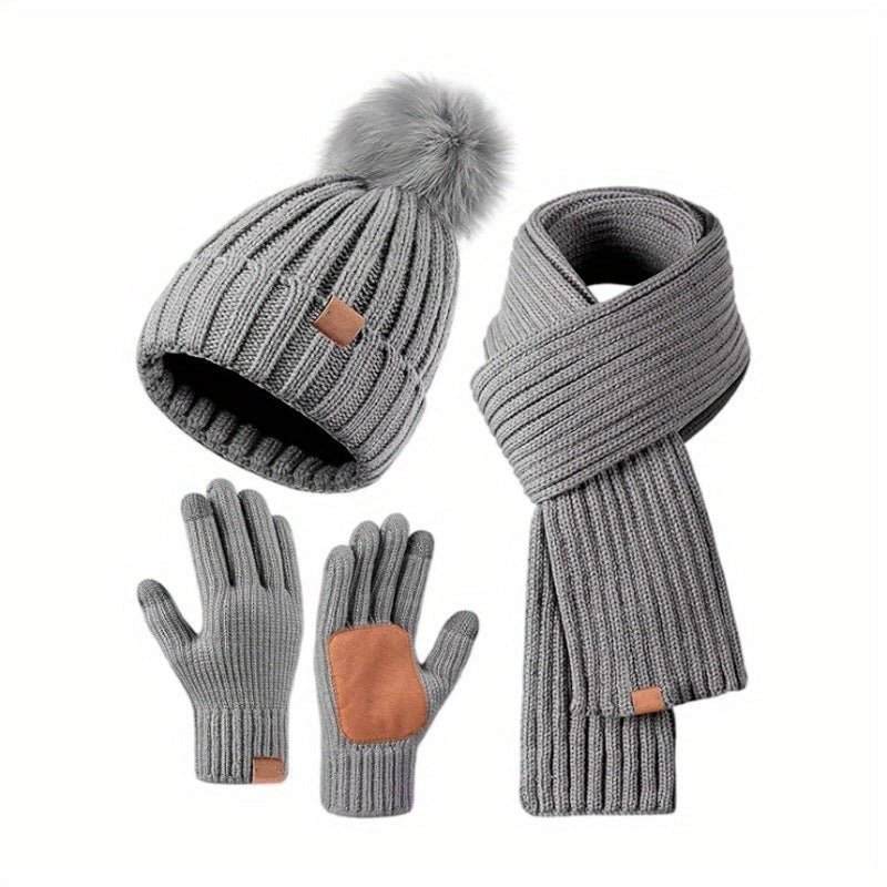FrostLoom 3 Piece Winter Knit Set with Hat Scarf and Touch Gloves