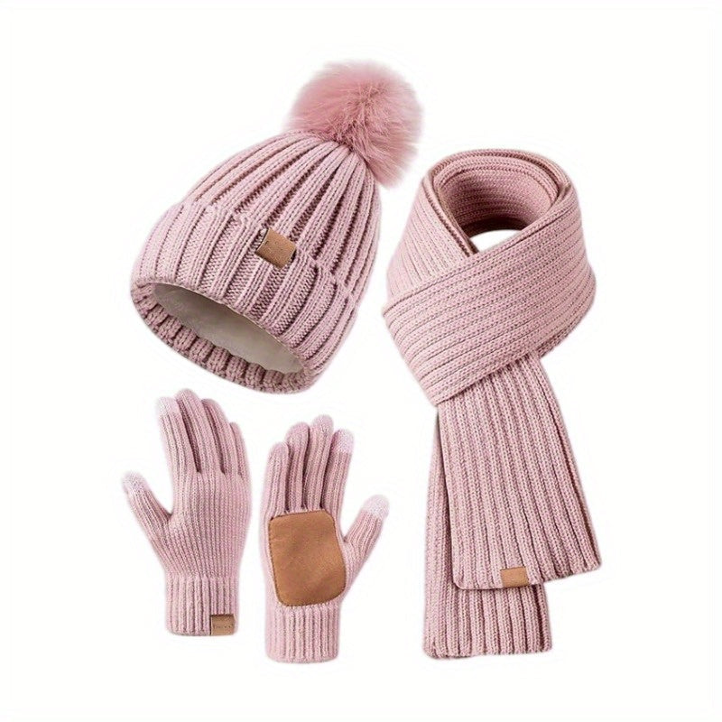 FrostLoom 3 Piece Winter Knit Set with Hat Scarf and Touch Gloves