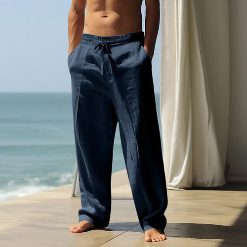 BreezeLine Men's Linen Cotton Straight Leg Trousers with Elastic Waist