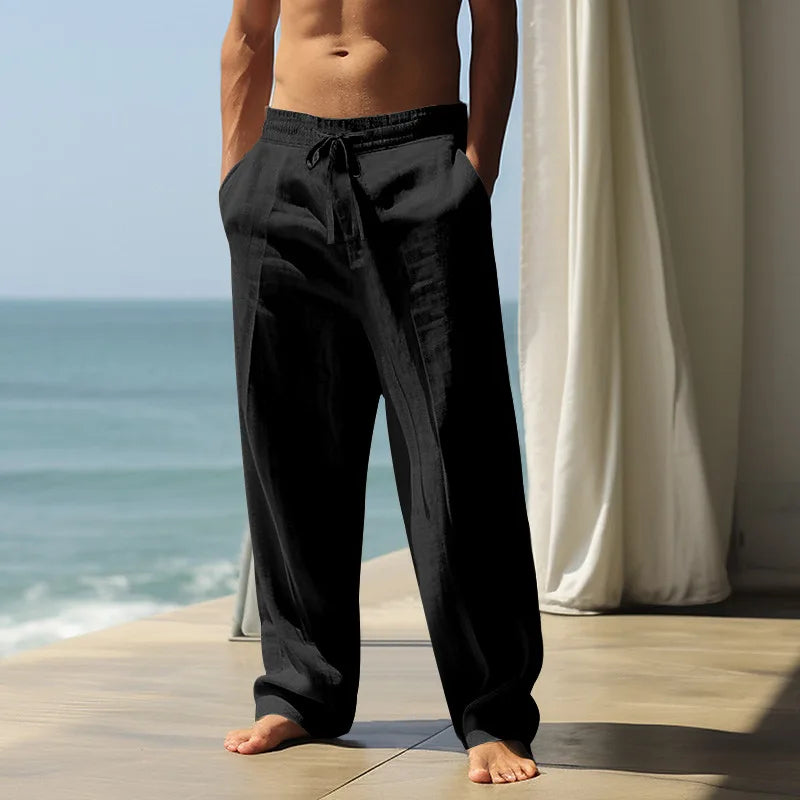 BreezeLine Men's Linen Cotton Straight Leg Trousers with Elastic Waist