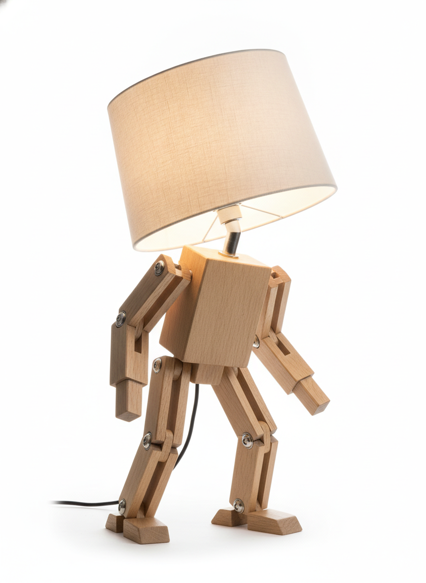 Lampada da tavolo in legno regolabile con braccio robotico