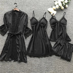 Premium Silk Satin Sleepwear Collection | Lace Trim Kimono With Cami & Shorts