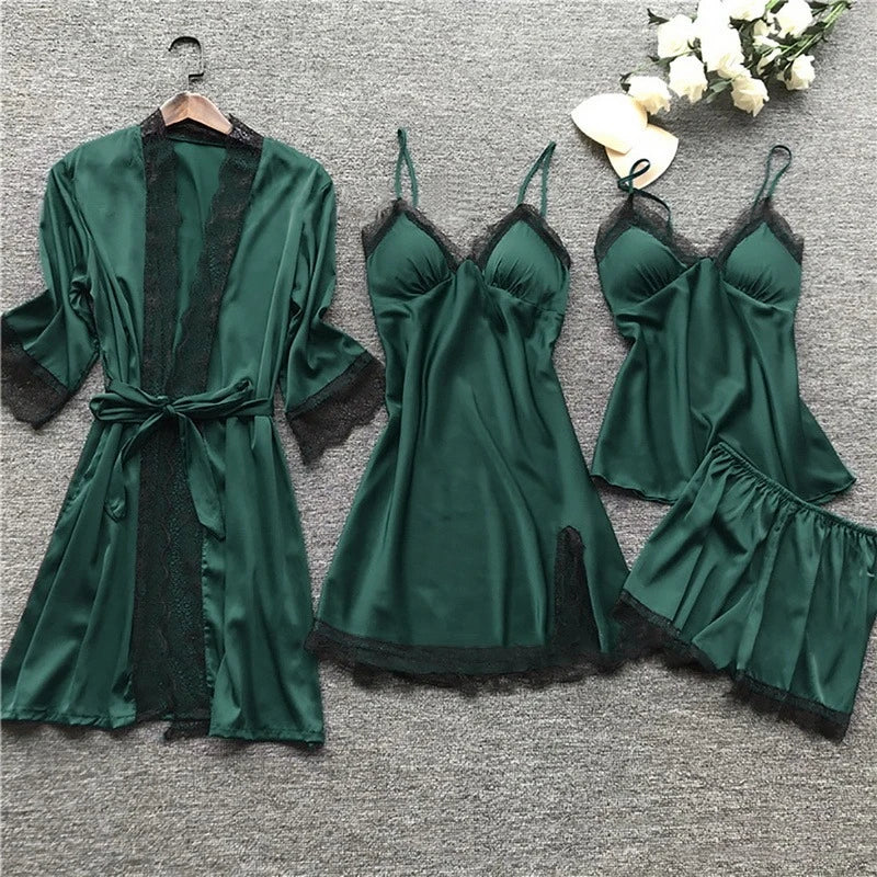 Premium Silk Satin Sleepwear Collection | Lace Trim Kimono With Cami & Shorts
