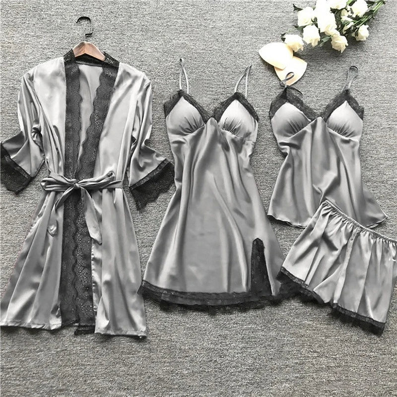 Premium Silk Satin Sleepwear Collection | Lace Trim Kimono With Cami & Shorts