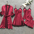 Premium Silk Satin Sleepwear Collection | Lace Trim Kimono With Cami & Shorts