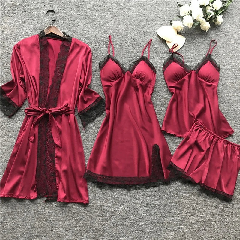 Premium Silk Satin Sleepwear Collection | Lace Trim Kimono With Cami & Shorts