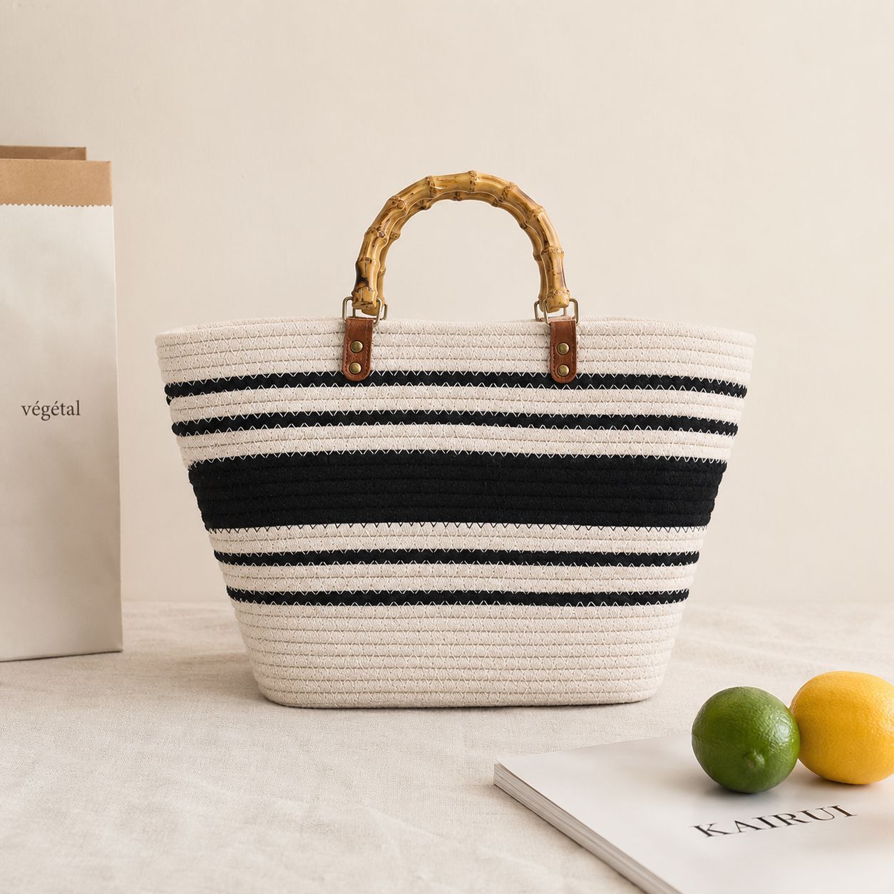Bayshire Woven Basket Tote Bag with Bamboo Handles Summer Handbag