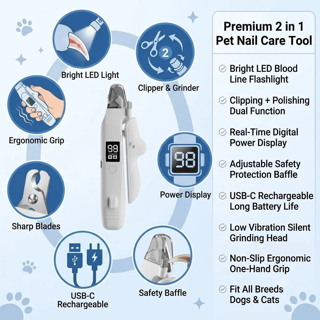 Dual-Function Pet Nail Care System with LED Safety Light – USB-C Rechargeable Clipper and Grinder