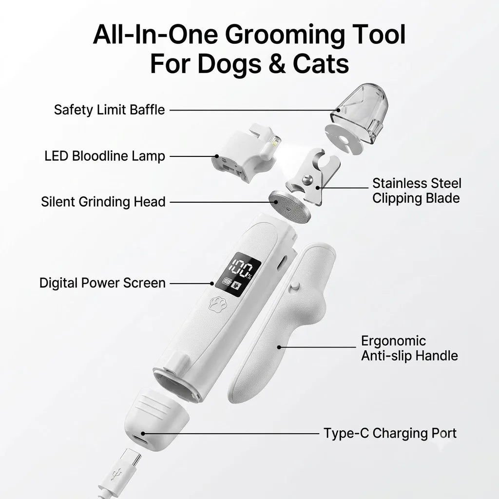Dual-Function Pet Nail Care System with LED Safety Light – USB-C Rechargeable Clipper and Grinder