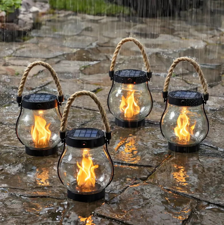 LumaFlare Solar Flame Garden Lantern with Hanging Rope Light