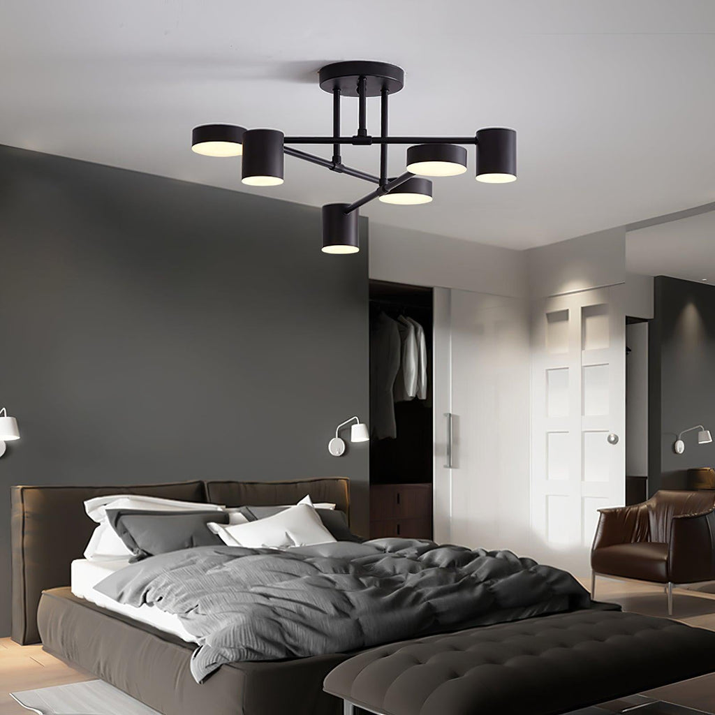 Six-Arm Cylindrical Shade Ceiling Light - Wrought Iron & Aluminum