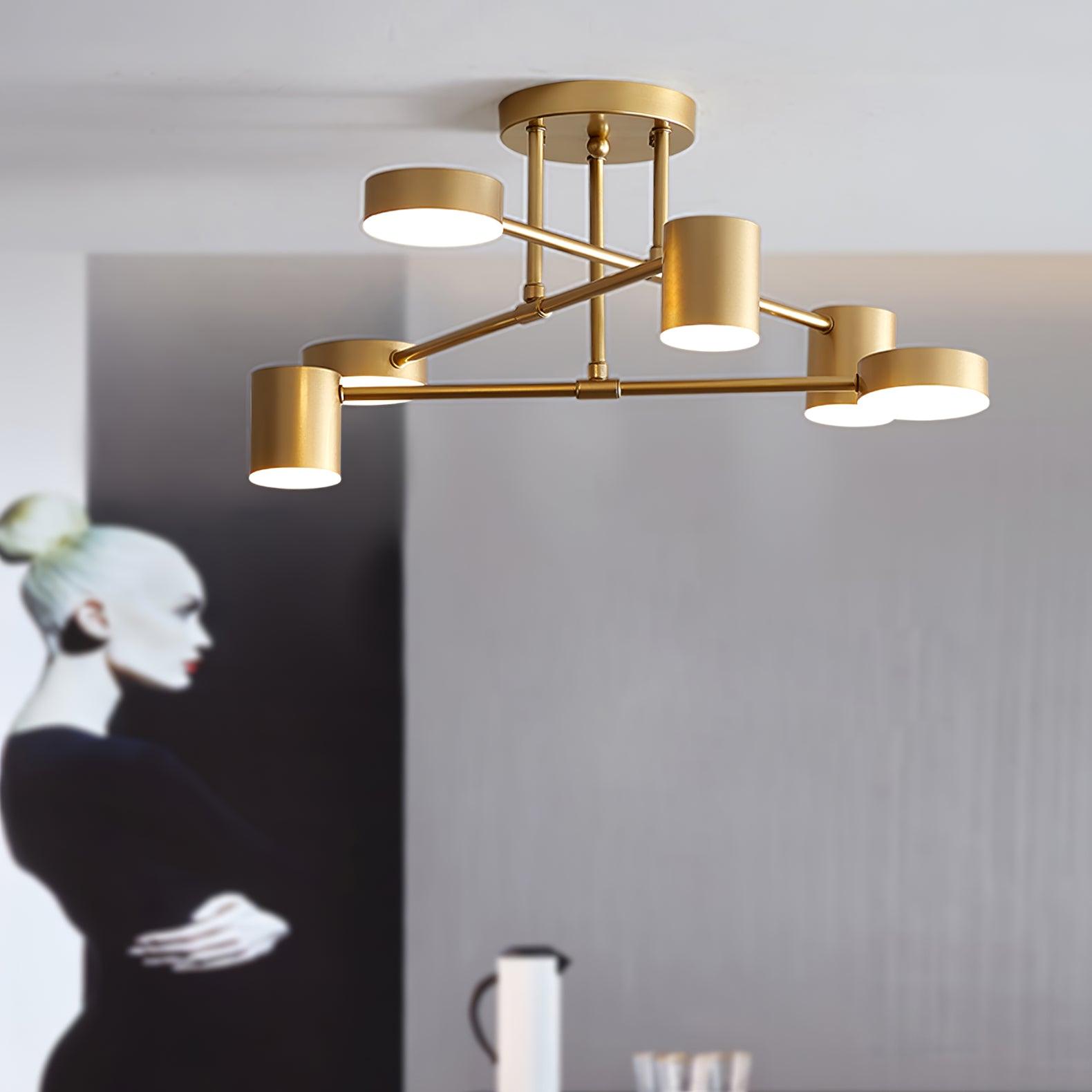 Six-Arm Cylindrical Shade Ceiling Light - Wrought Iron & Aluminum